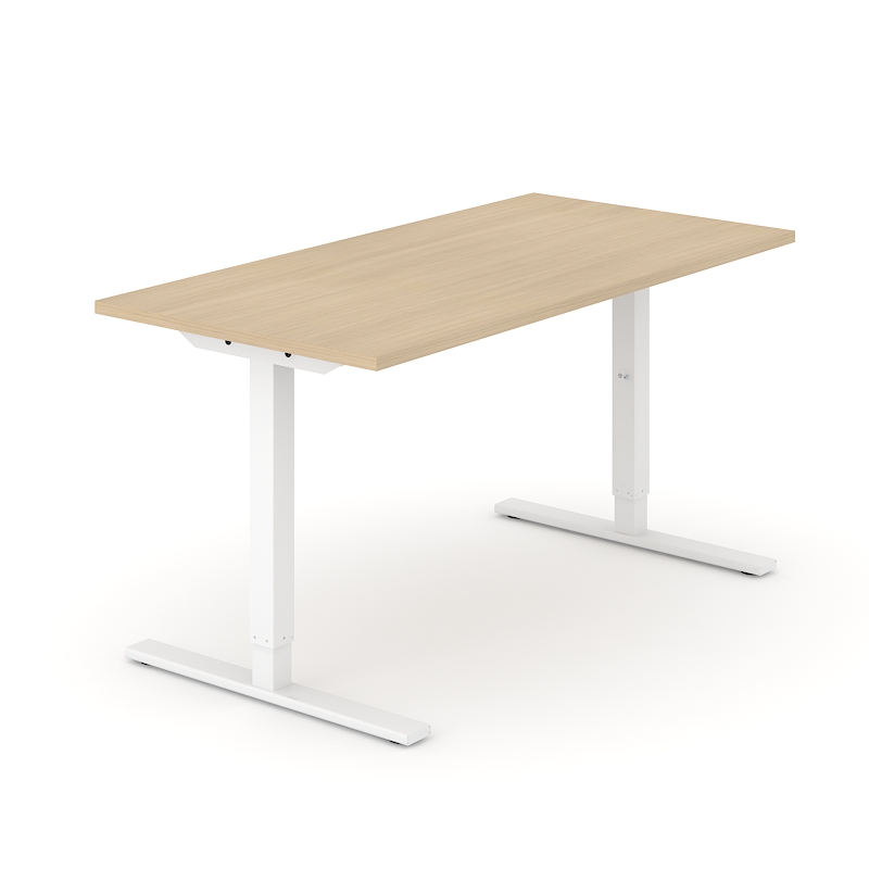 ONE H manuāli regulējams galds ar baltu rāmi un balināta ozola tekstūras virsmu